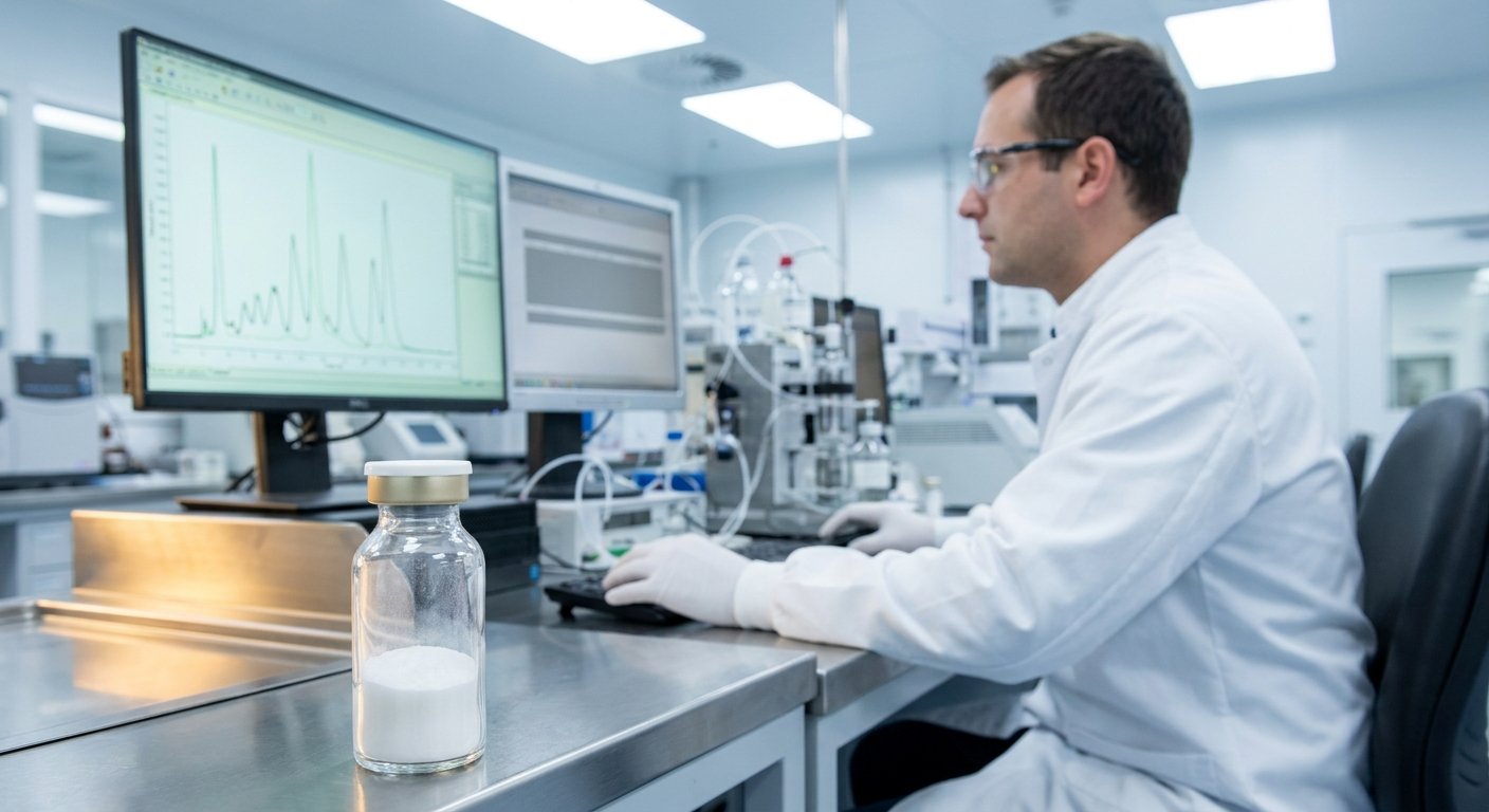 Standard Labs analyst reviewing a chromatogram beside a lyophilized research vial